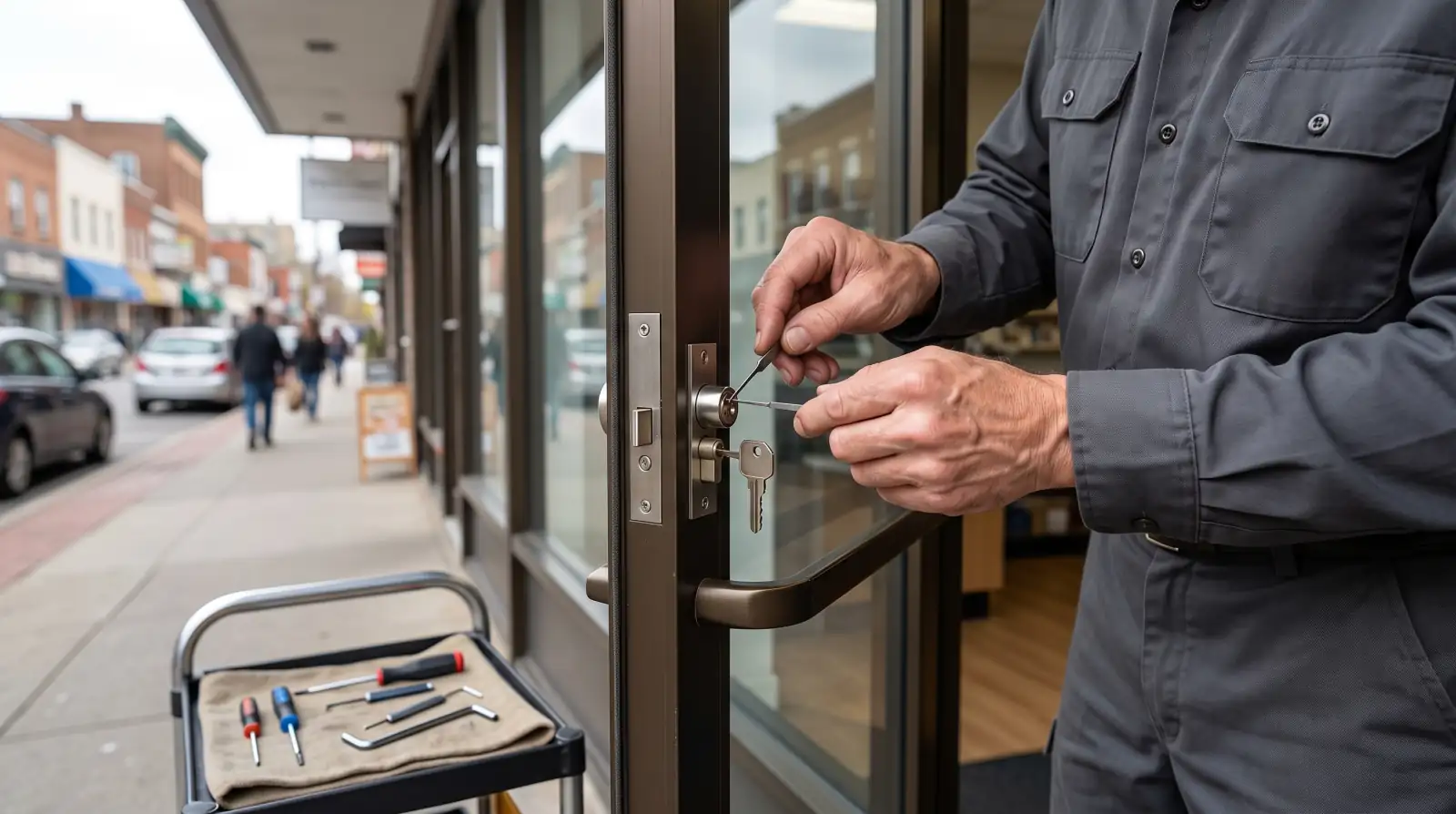 Canby Locksmith servicing a commercial storefront door lock