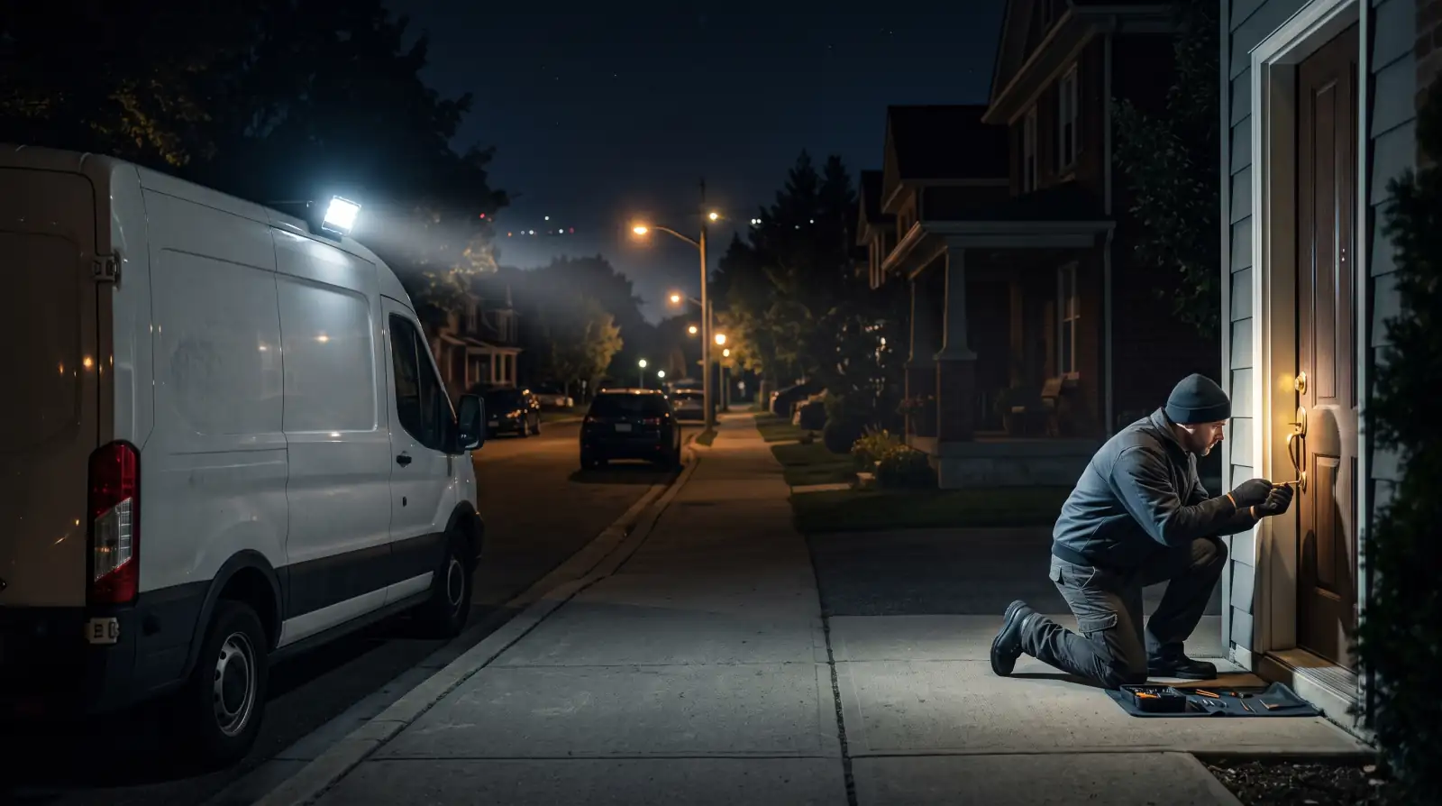 Canby Locksmith working a lock at night with a service van at the curb