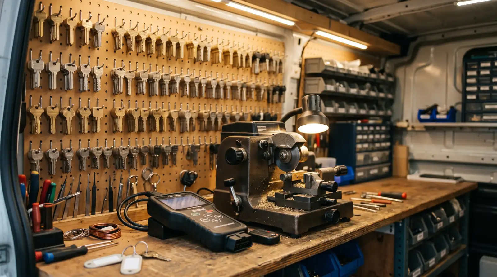 Key blanks and key-cutting equipment inside the Canby Locksmith work van